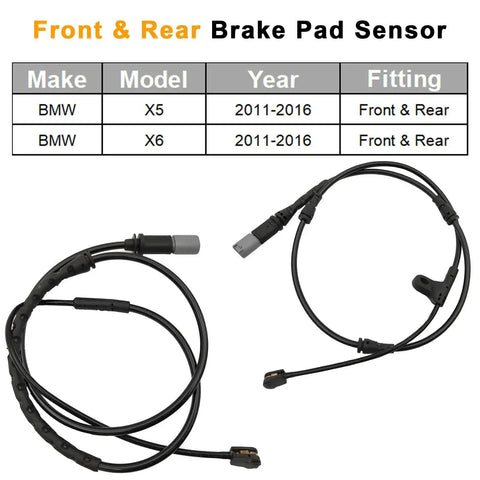Two black brake pad sensor cables for BMW X5/X6 (2011–2016), front & rear