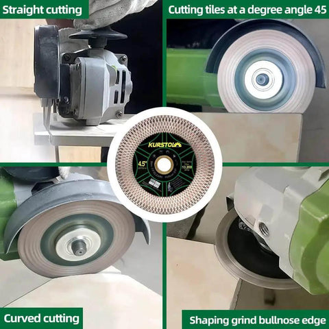Circular saw blade cutting tile with variations; includes straight, curved, angled, and bullnose edge cuts for Pro Grade Diamond Core Drill Bits Kit For Tile And Stone With 6, 8, 10, 25, 35, 50, 65 mm Holes Plus Beveling Chamfer Bit One And Three Eighths Inch Diamond Finger Milling Bit Triangle Adapter For Five Eighths Eleven Thread And Four And A Half Inch.