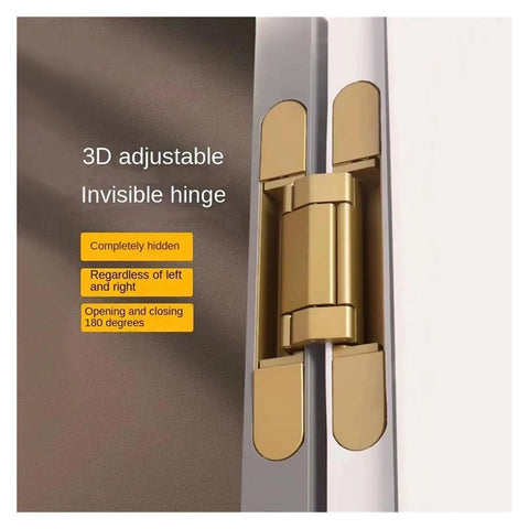 3D adjustable invisible hinge in matte gold finish for concealed cabinet door with frameless design, showing smooth operation.