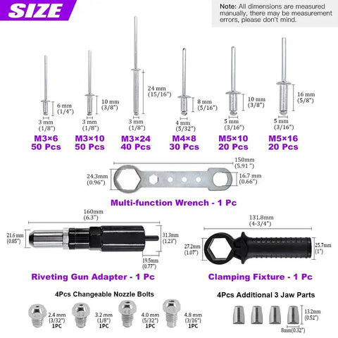 211Pcs Black Alloy Steel Electric Rivet Gun Adapter Kit with various rivet heads, handle, wrench, and 500 aluminum blind rivets visible.