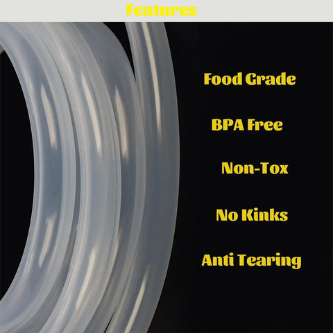 Clear silicone tubing coil on black background with yellow Food Grade label