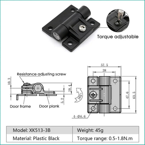 Black Plastic Adjustable Friction Torque Hinge for Cabinets and Furniture Doors, Easy Positioning and Durable 1 Piece XK513-3B diagram