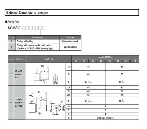 SGMSV servo motor shaft-end dimensions diagram (front view) showing keyless and keyed shaft options with dimension table