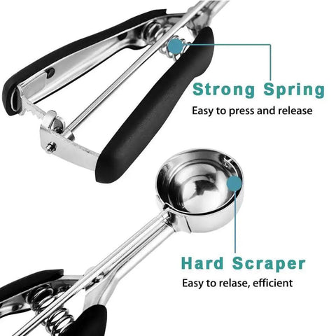Close-up of Two Tablespoon Cookie Dough Scoop for Baking, Size 40, showing spring loaded mechanism and comfortable grip stainless steel design.