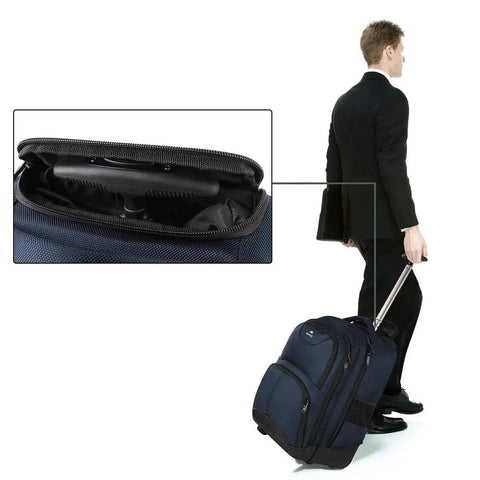 Man walking with Rolling Laptop Backpack With Wheels For Men And Women Road Trip Ready Travel Carry On Luggage with 36L compartment