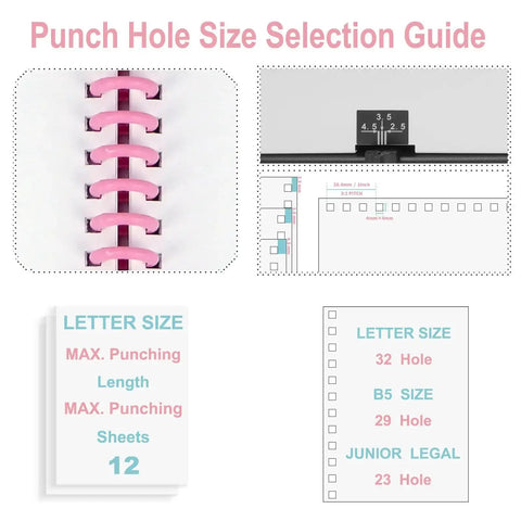 Coil Binding Machine For 3 To 1 Pitch With 32 Hole Punch size selection guide, illustrating sheets and sizes for spiral binding