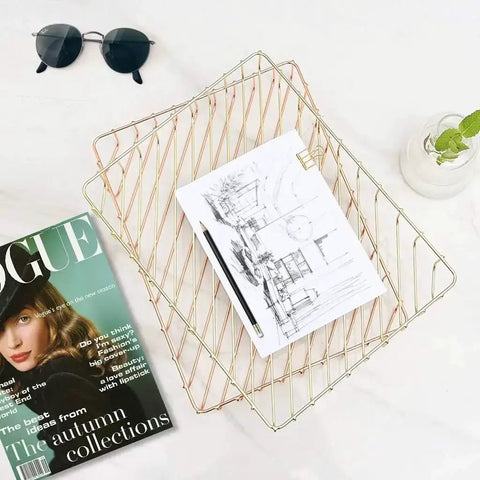 Gold Desk Paper Organizer Tray With Big Capacity For Letters, Mail, Files And Magazines Metal Letter Tray on a marble desk