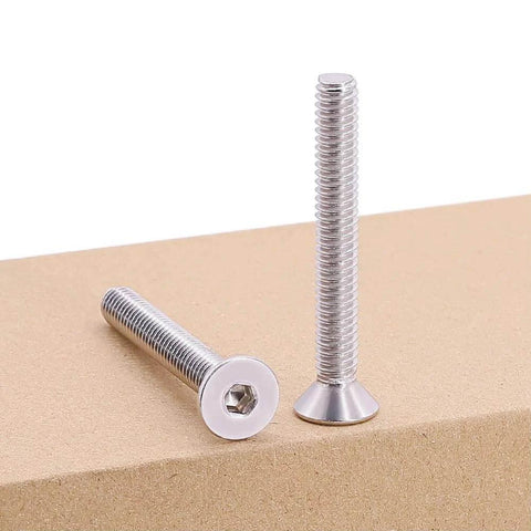 1/4-20 Flat Socket Cap Screws, 2-1/2 Inch Long, Full Thread, Countersunk Head, 304 Stainless Steel 18-8, side and front view
