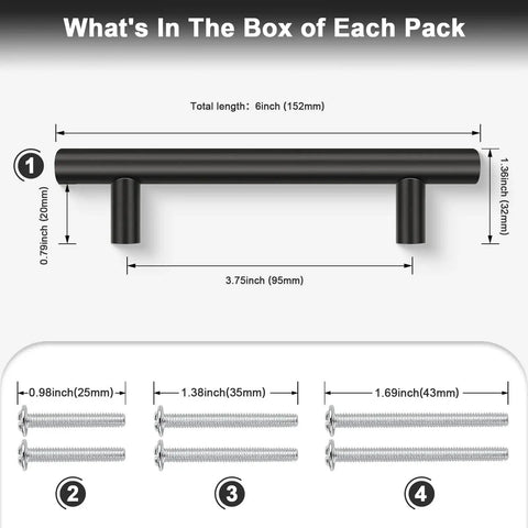 Package contents for 30 Pack Matte Black T Bar Cabinet Pulls, 6 Inch Length With 3-3/4 Inch Hole Centers, includes three screw sizes.
