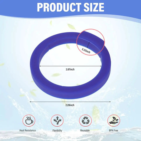 Blue E61 8.5mm Silicone Gasket For Espresso Machines showing dimensions and features like heat resistance and BPA free.