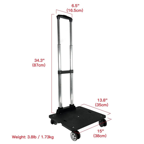 Spinner Wheelbase Luggage Cart For Bags And Pet Carriers With Secure Luggage Strap And Lightweight 2.9 Lb Build, no tilt design.