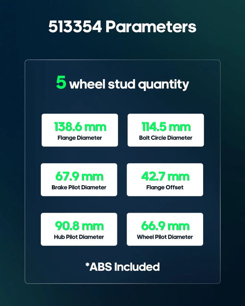 Specifications for Front Wheel Hub Bearing Assembly For Mazda 3 2014-2018 And Mazda CX-3 2016-2019, 5 Lug, ABS Included.