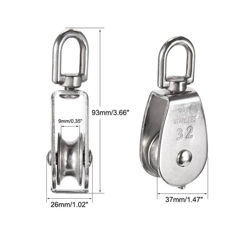 Front and side view of 6 Pack M32 Stainless Steel Wire Rope Crane Pulley Block 551lbs with dimensions and swivel hook