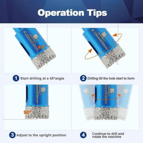 Operation tips for Two Piece Dry Diamond Core Drill Bit Set Pro Grade For Porcelain Tile Ceramic Stone Granite Marble 1 Inch 25mm