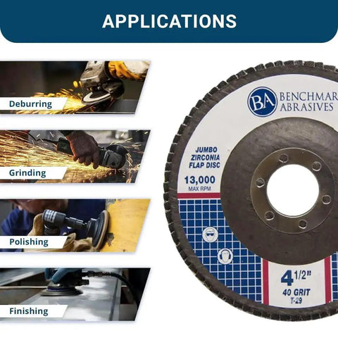 4.5 Inch Premium High Density Zirconia Type 29 Flap Discs 40 Grit 10 Pack with applications for deburring, grinding, polishing, finishing