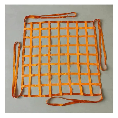 Flat Nylon Sling Hoisting Net For Heavy Load Rigging With 10cm Mesh viewed from above, showing orange grid and sturdy straps.