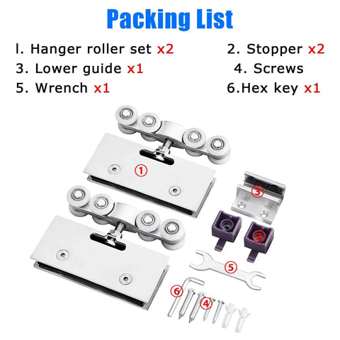 Packing list for Aluminum Sliding Shower Door Track Kit With Rollers For Glass Doors 10-12 Mm Thick showing components