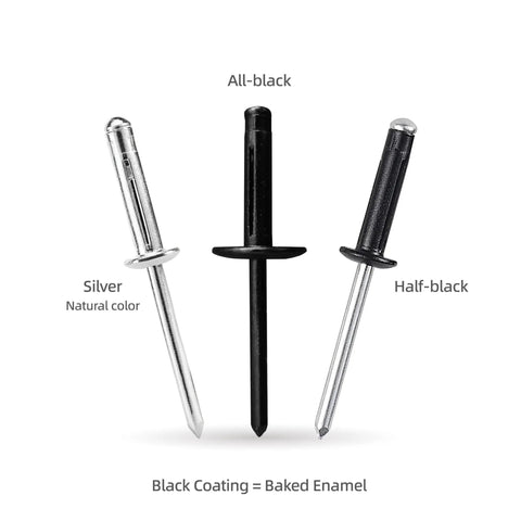 Tri-Fold Aluminum Blind Rivet Kit With 50 Pcs Tri Grip Bulb Style Pop Rivets, showing silver, half-black, and all-black rivets.