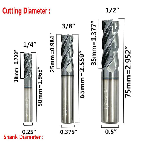 Five Piece Carbide Square End Mill Set In 1/4, 3/8, 1/2, 5/8, And 3/4 Inch Sizes, 4 Flute, Single End, AlTiN Coated Milling Bits