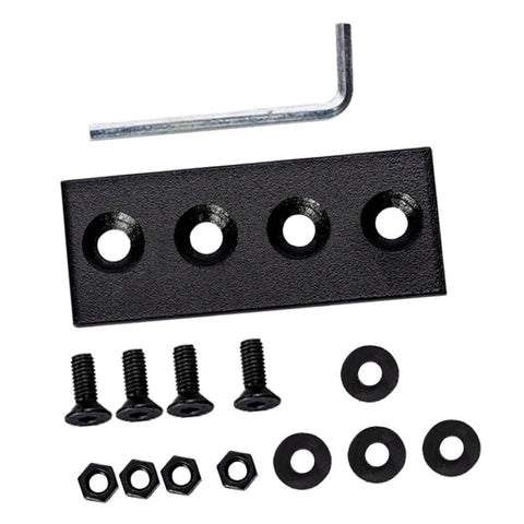 Black beefy carbon splicing piece flat bracket with screws, bolts, and L-wrench for barn door track repair and installation.