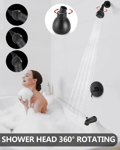 Matte Black Tub Shower Faucet Set With Valve And Shower Head By GBBNE Single Handle Bath Faucet Built From 304 Stainless Steel With Brass Valves For Smooth Operation 2.1 GPM NPT One Half Inch Durable Anti Rust Finish And Easy Install showing water flow in a white bathroom.