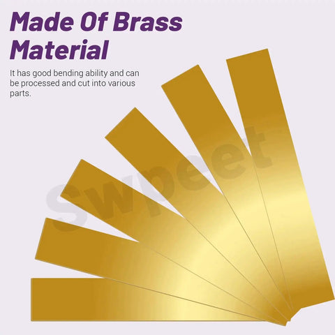 Premium Brass Shim Stock Kit For DIY Crafters, 10 Pieces Of 0.004 Inch Thick Brass Strips, fanned out view showing brass material
