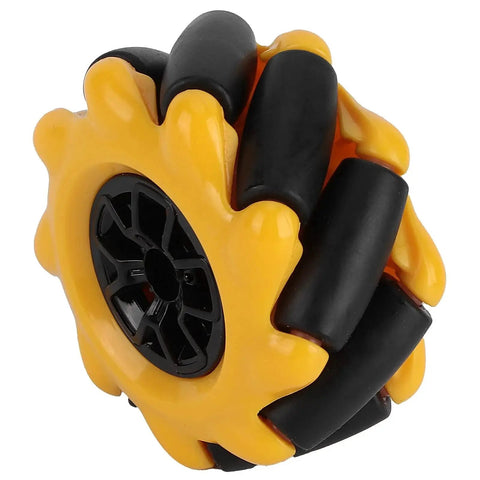 Close-up of a 48mm Mecanum wheel in ABS and rubber for geared motor robot car parts, enabling omnidirectional movement.