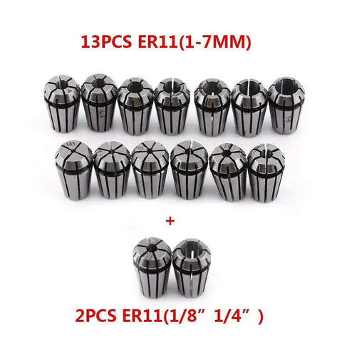 15-piece ER11 collet set displayed, part of Collet Set for CNC Milling and Lathe Tools, 1 to 1/8 inch, precision ground.