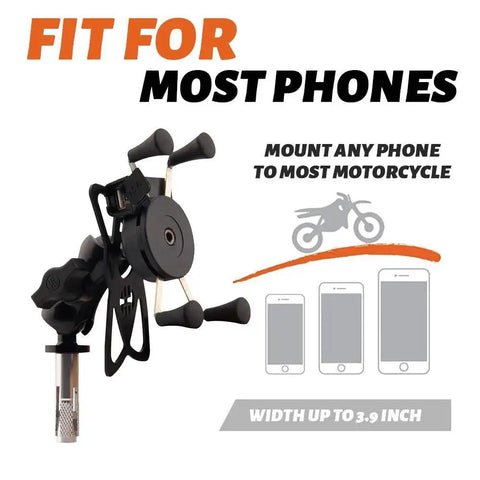 Heavy Duty Motorcycle Phone Mount With USB Charger Ultra Secure Phone Holder featuring fit for most phones label