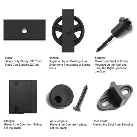 Components of Beefed Up Heavy Duty Sliding Barn Door Hardware Kit Black Steel Track System