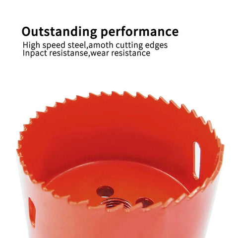 Close-up of a hole saw from Versatile 20 Piece Hole Saw Kit For Quick Clean Cuts In Thin Metal Sheets Round Water Pipes Wood Plastic Gypsum Board And More From Three Quarters Inch To Two And Eleven Sixteenths Inches With Tough As Nails Dual Metal Construction M42 HSS Carbon Steel.