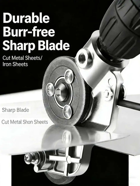 Close-up of Drill Nibbler Sheet Metal Cutter Attachment for Electric Drills cutting metal sheet with sharp blade and adapter.