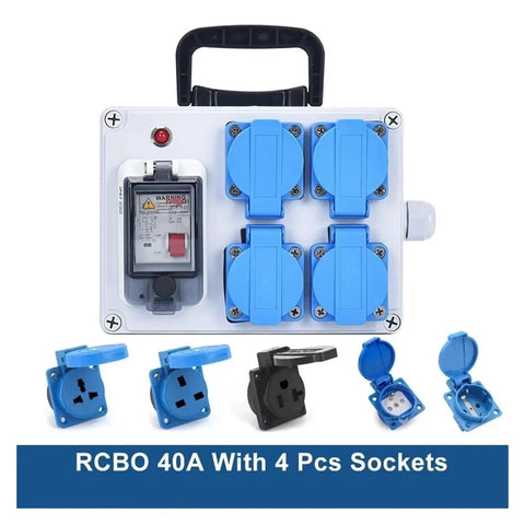 RCBO 40A power box with 4 blue sockets and handle, front view