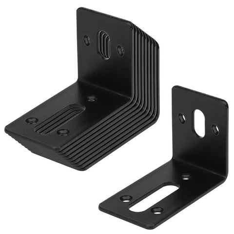 Ten pack of Black Slotted L Bracket Set Slightly Adjustable Corner Braces 66 Lb Capacity One Eighth Inch Thick Hot Rolled Steel Powder Coated