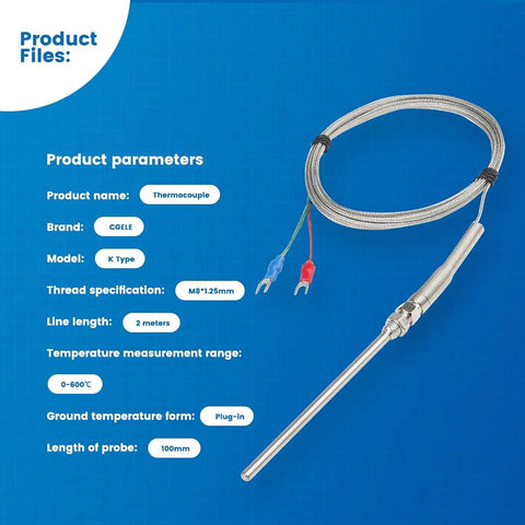 CGELE K-Type thermocouple temperature sensor with 100mm stainless steel probe, 0-600°C range, 2m braided 2-wire leads