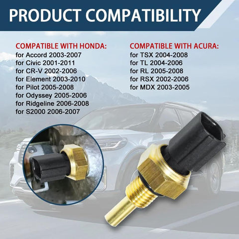 Coolant temperature sensor with brass body and black plastic connector for Honda vehicles