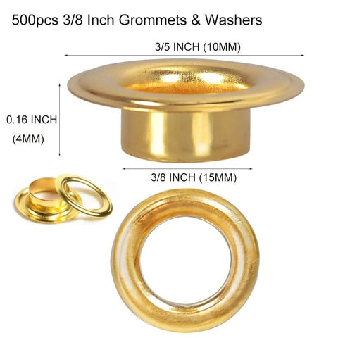 Heavy Duty 500Pcs Grommets And 500Pcs Washers Set Iron With Brass Finish Three Eighths Inch Inside Diameter