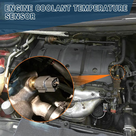 Engine coolant temperature sensor on Honda engine bay; grey plastic sensor with connector near thermostat housing.