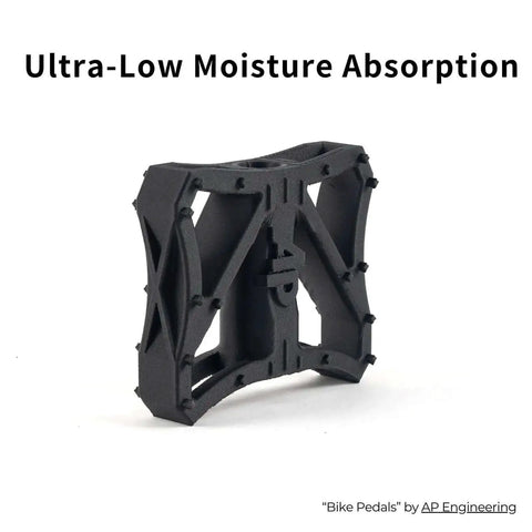 Fibreheart PPA-CF Carbon Fiber Nylon 3D Filament bike pedal prototype showing low moisture absorption feature in black material.