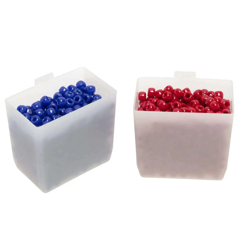 Durable Plastic Bin Cup Storage For Sorting Small Parts In Shelf Bins Two Inch By Three And One Quarter Inch By Three Inch White Case Of 48 Great For Nuts Bolts Screws Washers Office Crafts And LEGO Sorting with blue and red beads