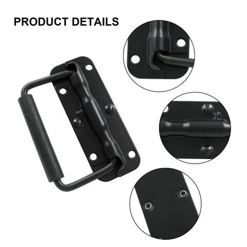 Spring Loaded Chest Handle Set Two Piece Black Stainless Steel Surface Mount Folding Handles with rubber grip details