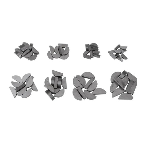 Top view of assorted carbon steel half-moon wedges from the Pro Grade Engine Key And Half Moon Wedge Set In Storage Box Carbon Steel Spring Wedges For Quick Reliable Drives In Workshop And Auto Repairs Durable Assortment For Pros And Handy DIYers.
