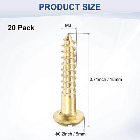 M METERXITY 20-Pack Wood Screws, M3 x 18mm Brass Slotted Round Head Self-Tapping Screw size and dimensions.