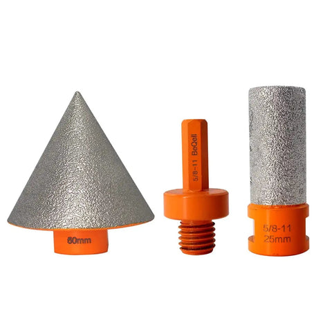 3 Piece Diamond Tile Beveling Bits Set Pro Grade Including 2 Inch Cone Chamfer Bit With 60 Degree Tip And 5/8-11 Thread Adapter And 1 Inch Diamond Finger Milling Bit For Enlarging And Trimming Holes In Ceramic Porcelain Marble Granite
