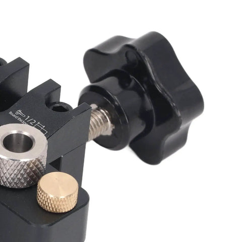 Close-up of Three In One Pocket Hole Jig Kit For Woodworking Aluminum Alloy Round Dowel Drill Guide and steel clamping screw