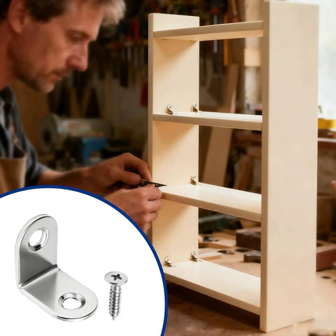 Man using sturdy heavy duty 24 piece stainless steel L bracket corner brace set with 48 screws for shelves in workshop.