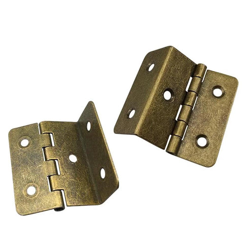 Antique Bronze Iron Door Hinges Set For Wood Doors 15mm Plate Right Angle Corner Hinges with Retro Green Finish showing two hinges.