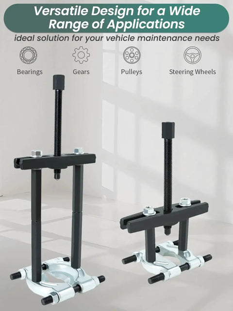 5 Ton Bearing Removal Puller Kit with 2 Inch and 3 Inch Jaws, used for bearings, gears, pulleys, and steering wheels, displayed vertically.