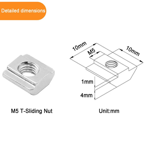 Diagram and photo showing M5 T-Sliding Nut from 100 Pack 2020 Series Sliding T Nuts M5 Thread Hammer Head For 6mm T Slot Aluminum Extrusion Heavy Duty Steel Forging With Rustproof Plating Easy Slide In And Quick Install.