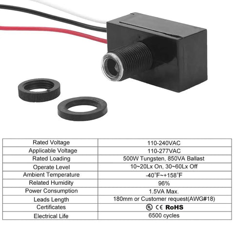 Outdoor Photocell Light Sensor For Dusk To Dawn Lighting No Fuss Auto On Off Hard Wired Post Light Controller with specifications table